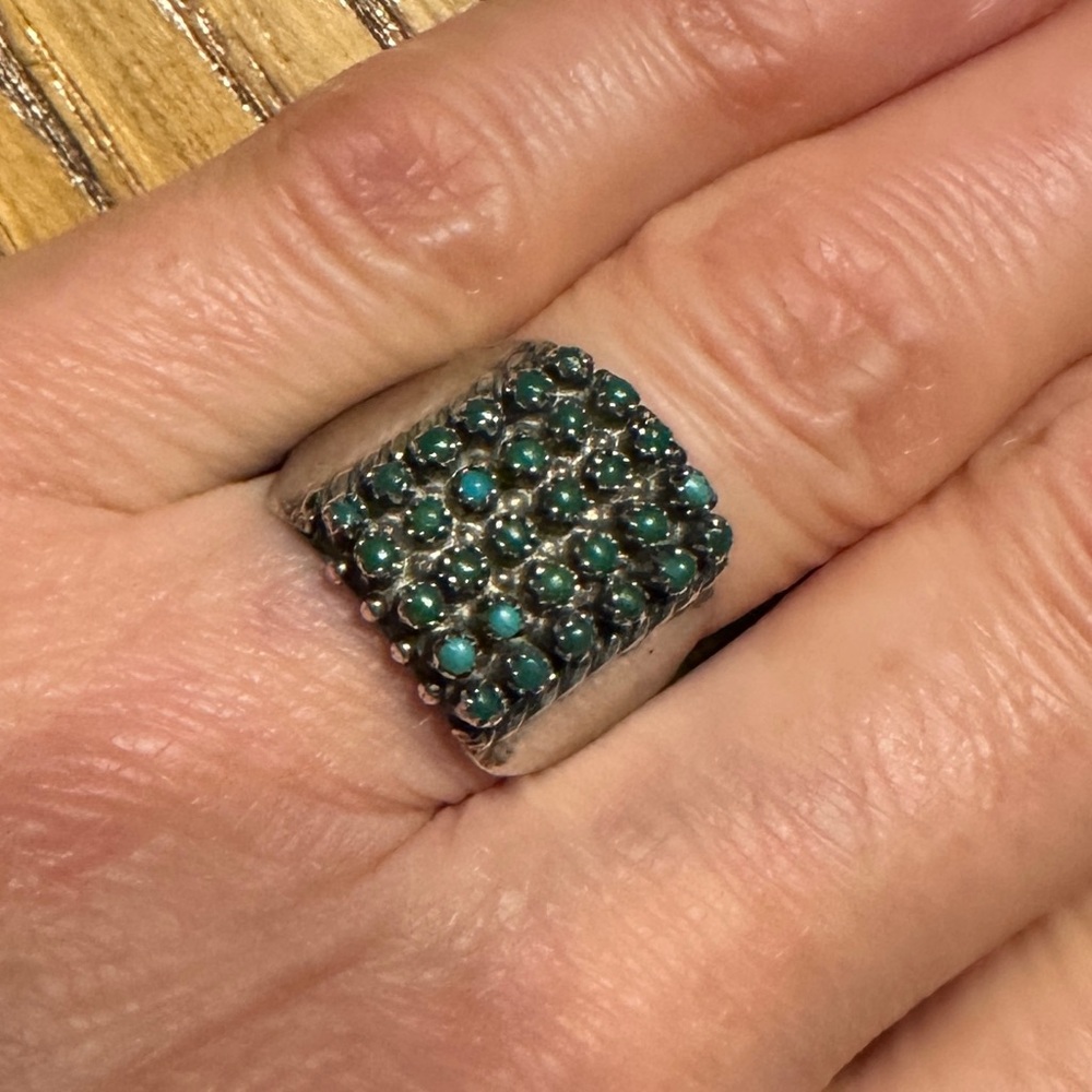 Vintage Turquoise Petit Point Sterling Silver Signed Ring